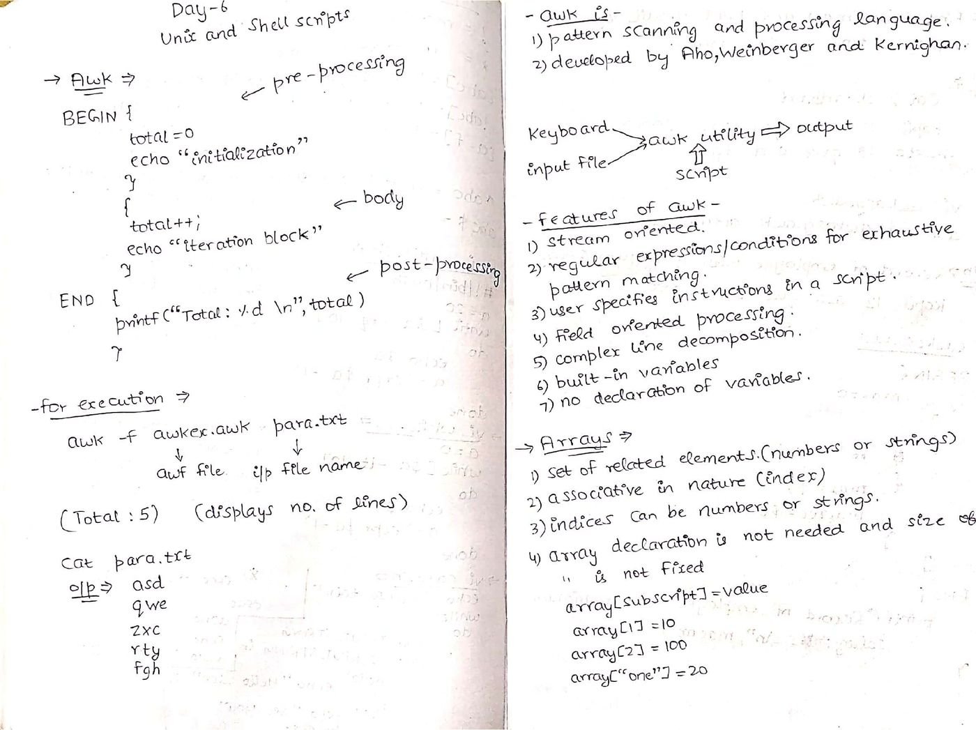 Handwritten notes on AWK structure and features