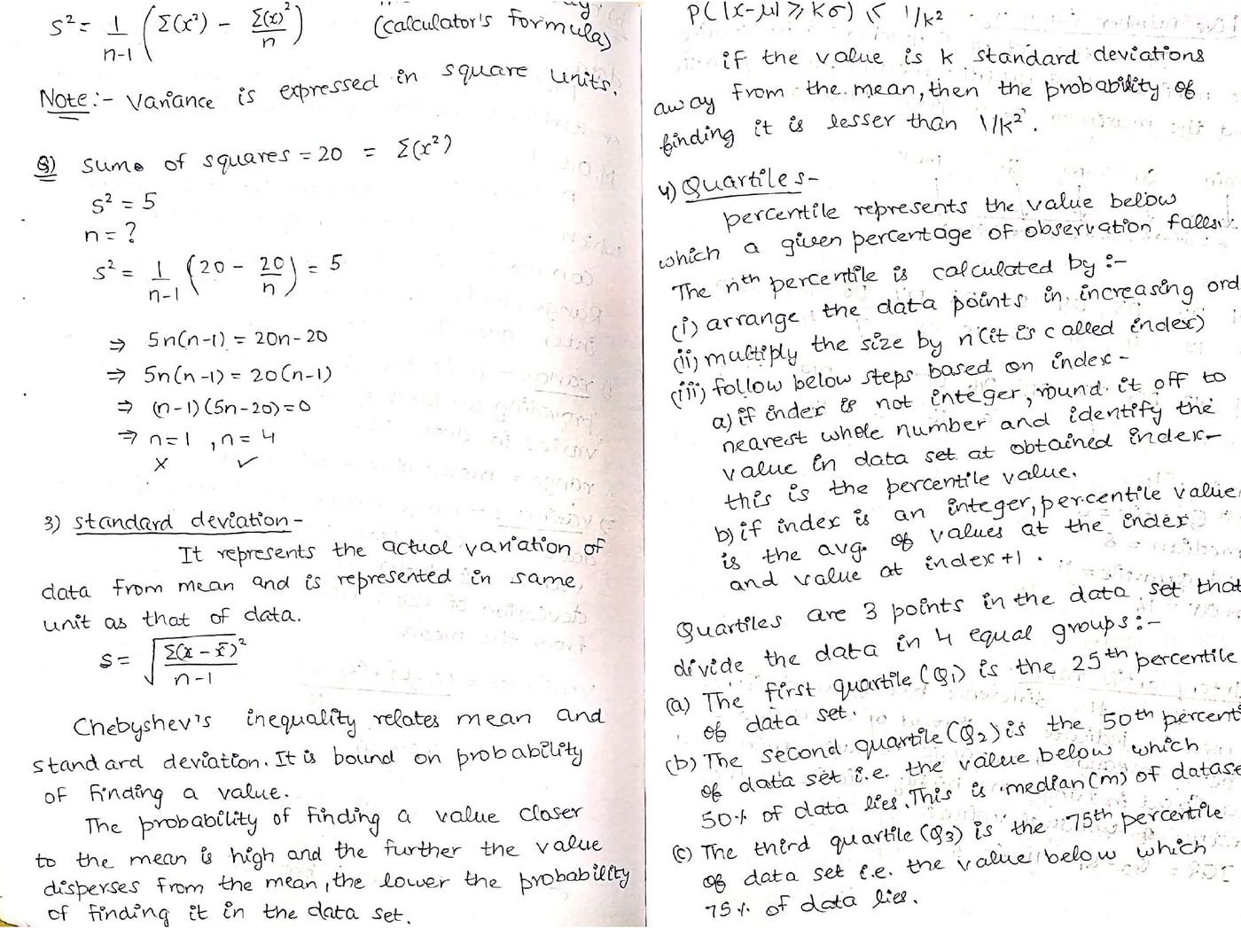 Handwritten notes on standard deviation and Chebyshev's inequality
