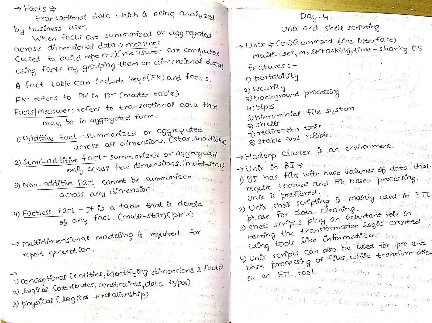 Handwritten notes on additive, semi-additive, non-additive, and factless facts
