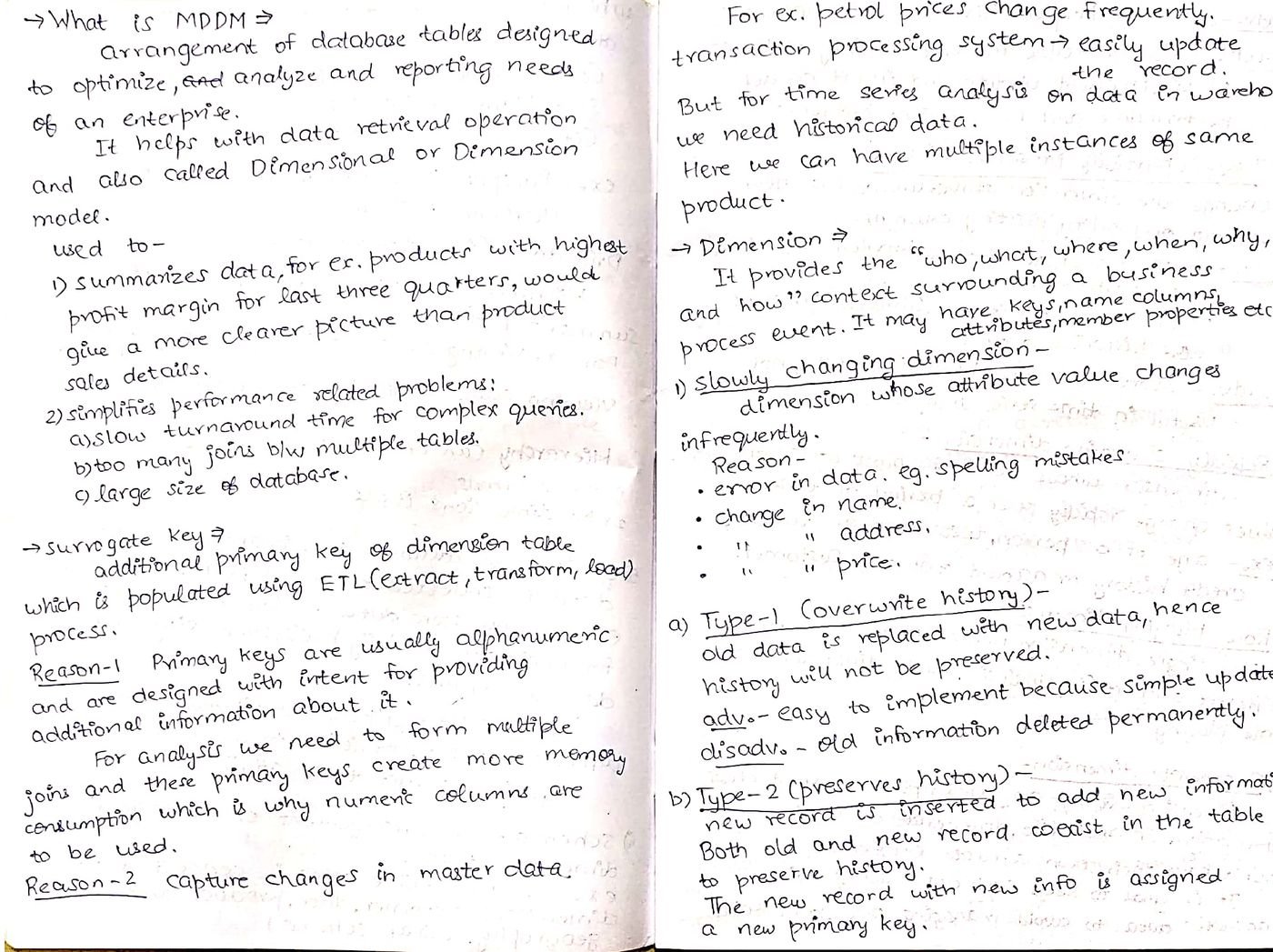 Handwritten notes introducing MDDM, surrogate keys, and dimension types