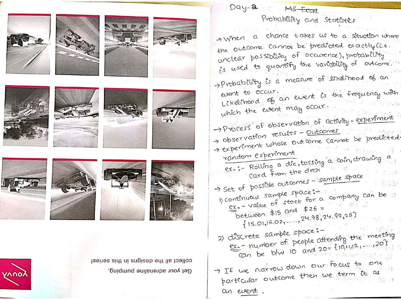Handwritten notes introducing probability, experiments, and sample spaces