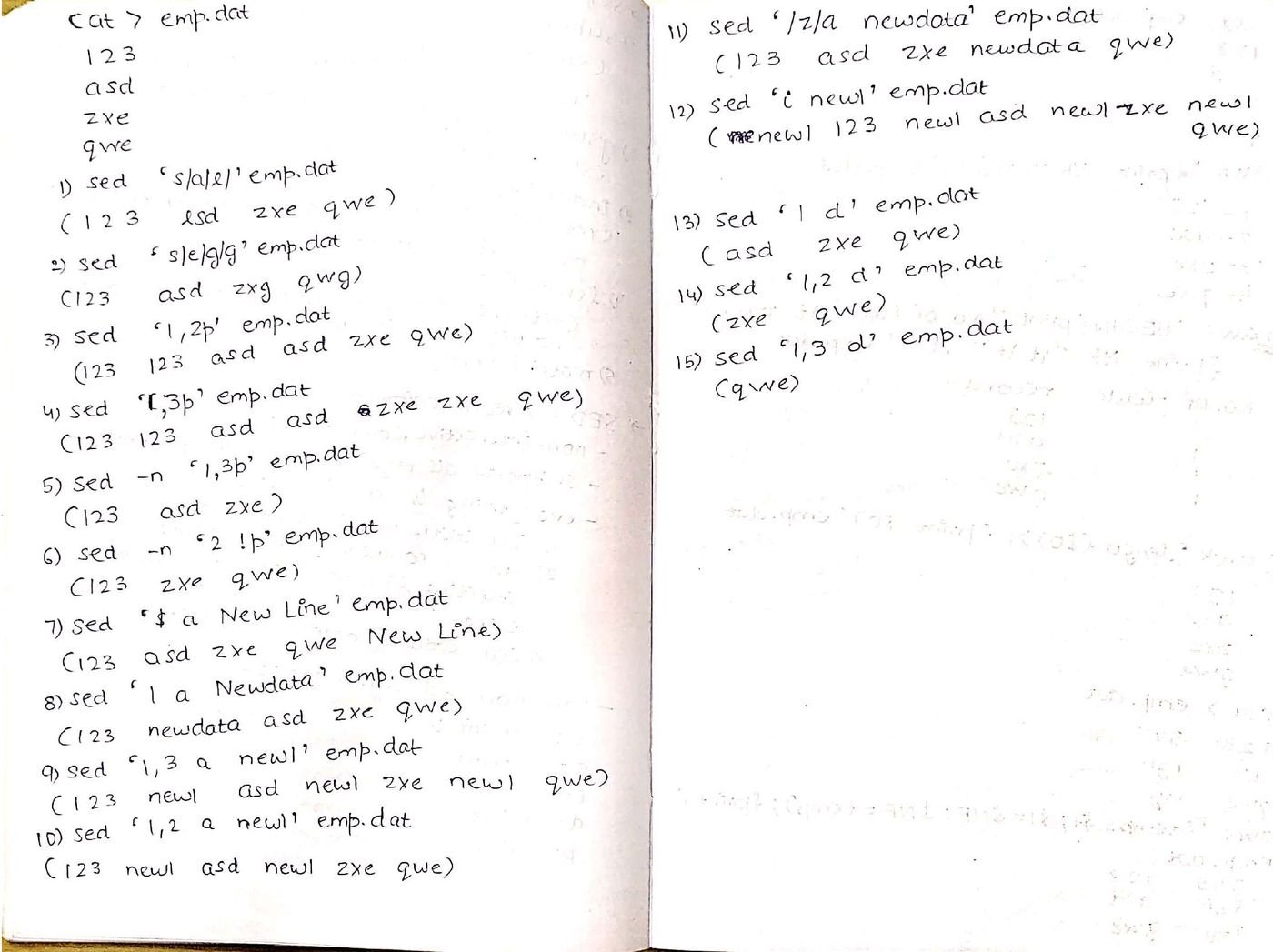 Handwritten notes on SED stream editor commands
