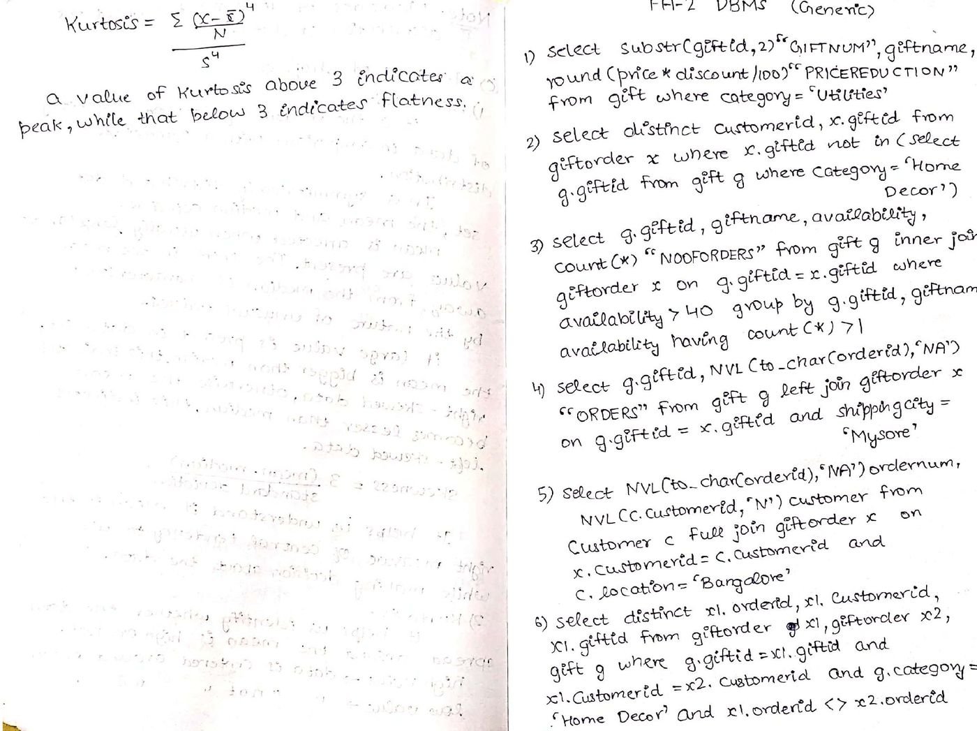 Handwritten notes on quartiles, percentiles, and kurtosis