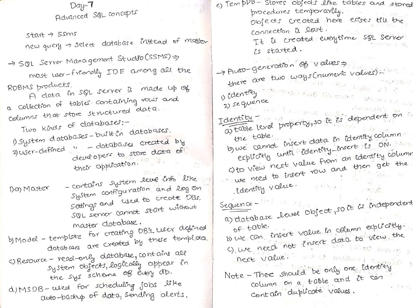 Handwritten notes on SQL Server Management Studio, databases, identity, and sequence