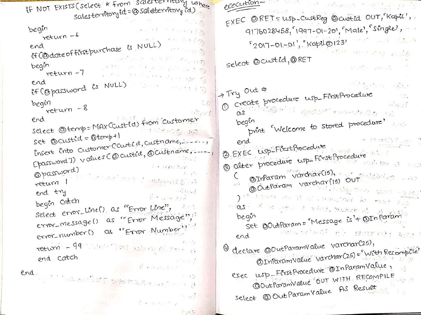 Handwritten notes on exception handling and stored procedures