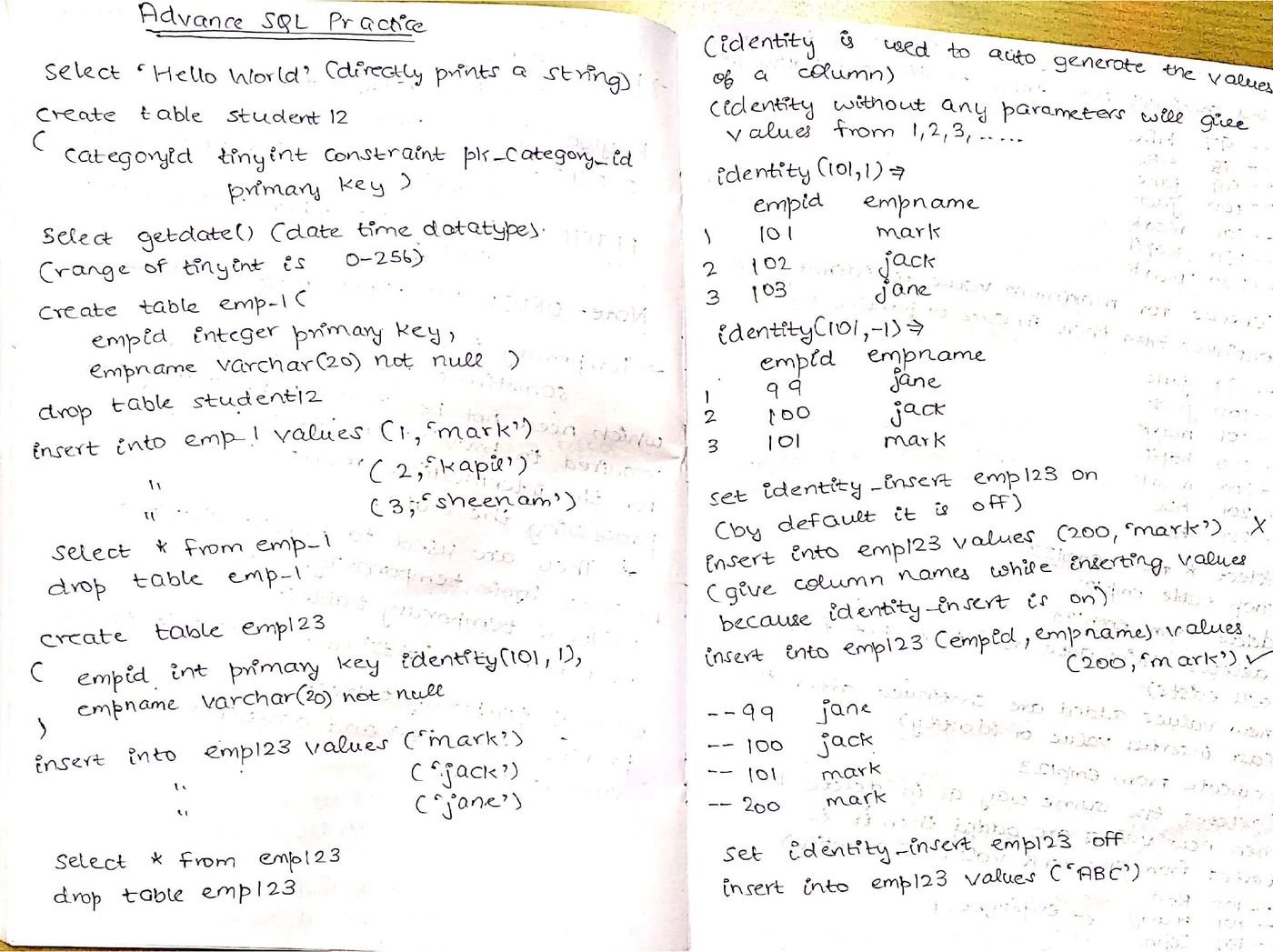 Handwritten notes on IDENTITY column practice examples