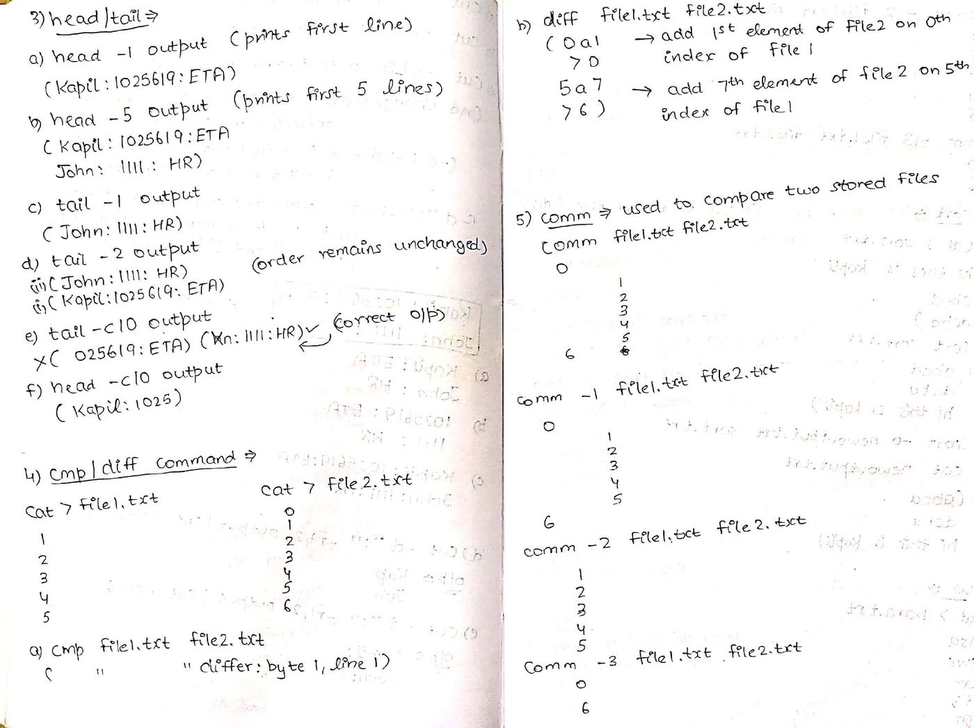 Handwritten notes on head, tail, and cmp commands